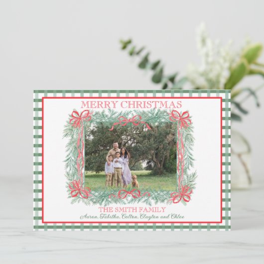 Kerst Garland Rood Lint Groen Gingham Feestdagenkaart (Staand voorkant)