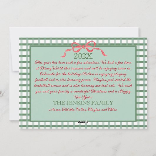 Kerst Garland Rood Lint Groen Gingham Feestdagenkaart (Achterkant)