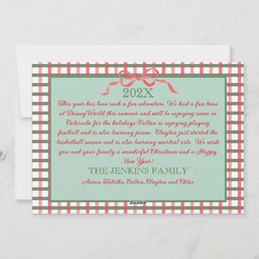 Kerst Garland Rood Lint Groen Gingham Feestdagenkaart (Achterkant)