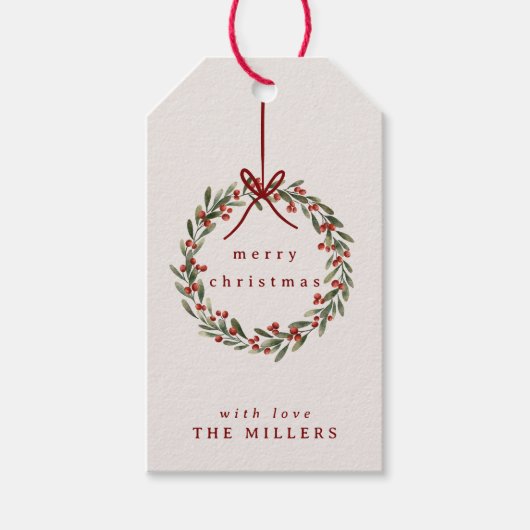 Kerst gebladerte krans met rode boog cadeaulabel (Voorkant)