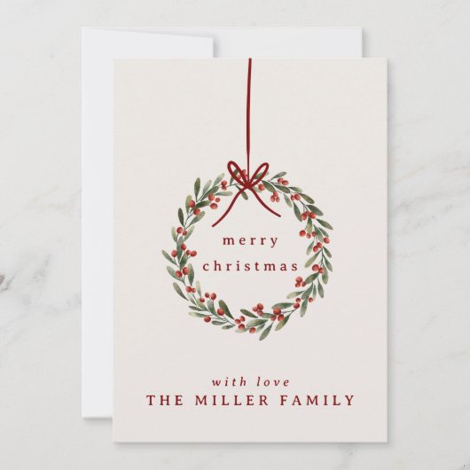Kerst gebladerte krans met rode boog feestdagenkaart (Voorkant)