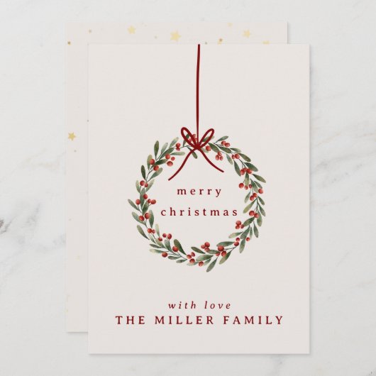 Kerst gebladerte krans met rode boog feestdagenkaart (Voorkant / Achterkant)