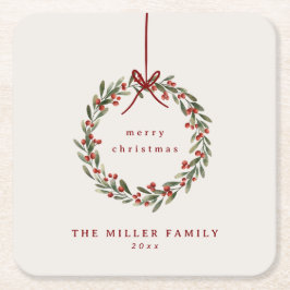 Kerst gebladerte krans met rode boog kartonnen onderzetters