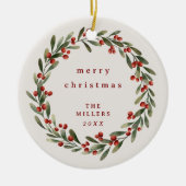 Kerst gebladerte krans met rode boog keramisch ornament (Voorkant)