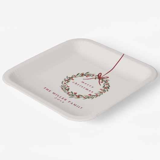 Kerst gebladerte krans met rode boog papieren bordje (Gebogen)