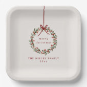 Kerst gebladerte krans met rode boog papieren bordje (Voorkant)