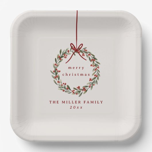 Kerst gebladerte krans met rode boog papieren bordje (Voorkant)