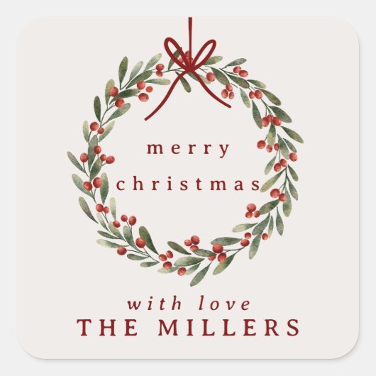 Kerst gebladerte krans met rode boog vierkante sticker (Voorkant)