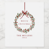 Kerst gebladerte krans met rode boog wijn etiket (Enkel label)