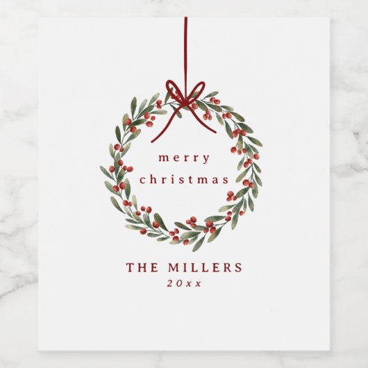 Kerst gebladerte krans met rode boog wijn etiket (Enkel label)