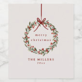 Kerst gebladerte krans met rode boog wijn etiket (Enkel label)