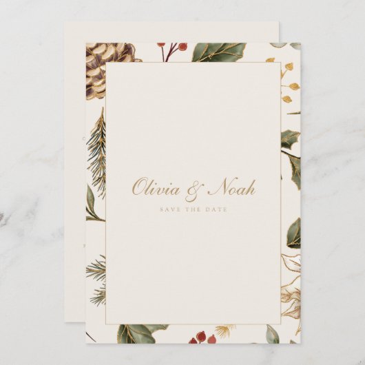 Kerst gebladerte Pinecone Bewaar de datum Kaart (Voorkant / Achterkant)