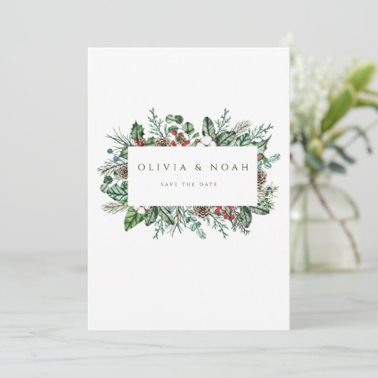 Kerst gebladerte Pinecone Bewaar de datum Kaart (Staand voorkant)