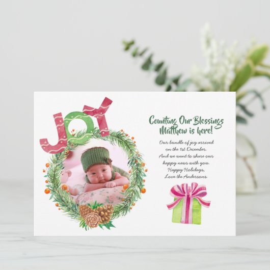 Kerst geboorteaankondiging foto feestdagenkaart (Staand voorkant)