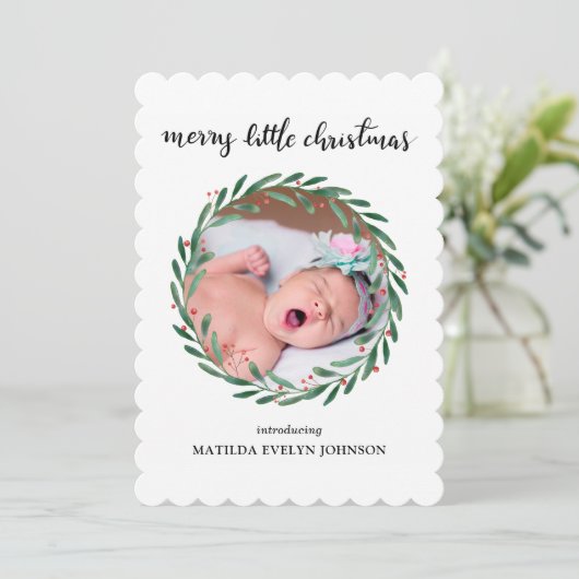 Kerst geboorteaankondiging met hulstblaadjes | Fot Feestdagenkaart (Staand voorkant)