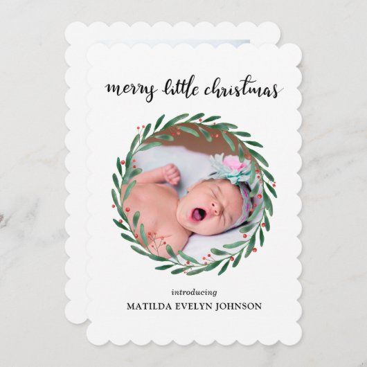 Kerst geboorteaankondiging met hulstblaadjes | Fot Feestdagenkaart (Voorkant / Achterkant)