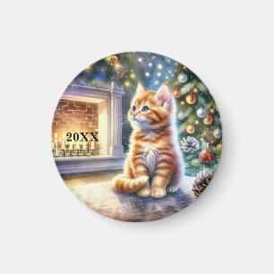 Kerst Geel Gestreepte Kitten Magnet