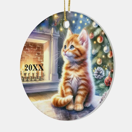 Kerst Geel Kitten Aanpassen Datum Ornament (Links)