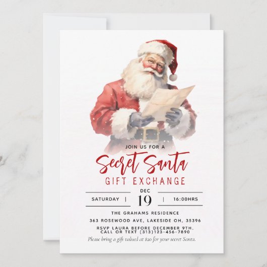 Kerst Geheim Kerstman Cadeau Uitwisseling Uitnodig Feestdagenkaart (Voorkant)