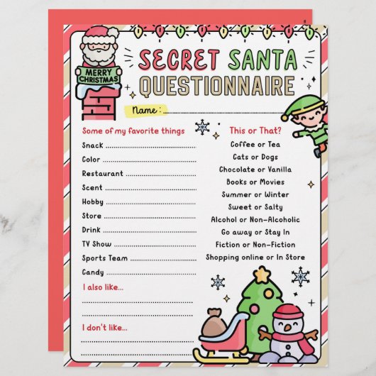 Kerst Geheim Santa Vragenlijst Formulier Sjabloon (Voorkant / Achterkant)