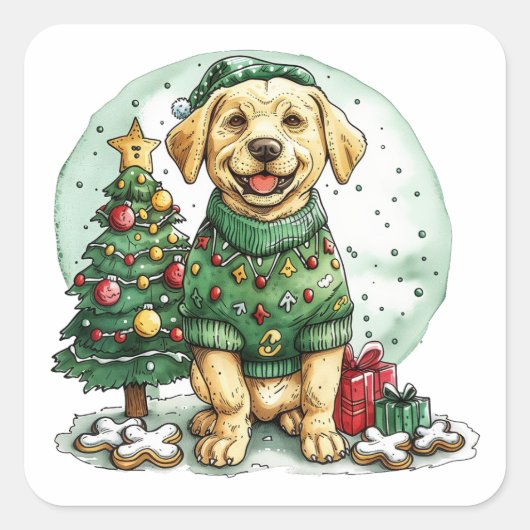 Kerst Gele Labrador Retriever Hond Vierkante Sticker (Voorkant)