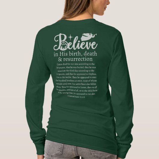 Kerst gelooft Jezus Nativiteit Groene Lange Slaap T-shirt (Achterkant)