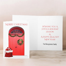 Kerst Gelukkig Vakantie Decoraties Rode Deuren Feestdagen Kaart