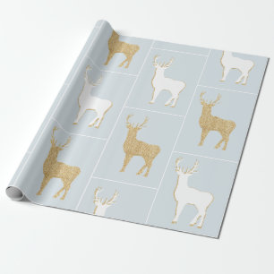 Kerst Geometrisch Wit, Blauw & Goud Rendier Cadeaupapier