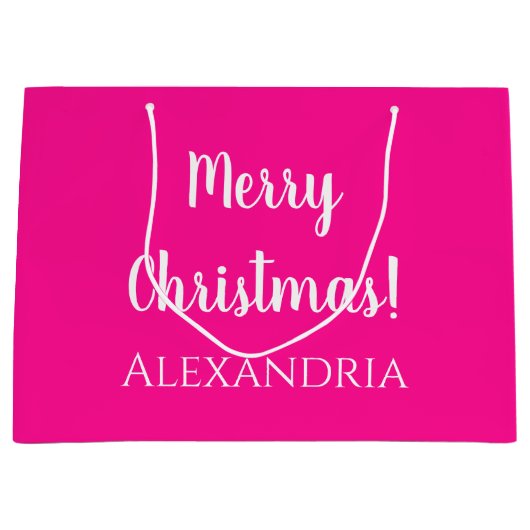 Kerst Gepersonaliseerd Vrolijk Kerstmis Heet Roze Groot Cadeauzakje (Voorkant)