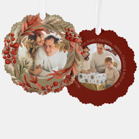 Kerst Gepersonaliseerde foto krans Red Berry Ornament Kaart (Voorkant / Achterkant)