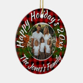 Kerst gepersonaliseerde foto rood geruit dennenapp keramisch ornament (Rechts)