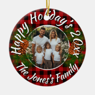 Kerst gepersonaliseerde foto rood geruit dennenapp keramisch ornament