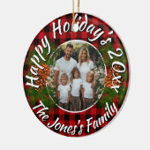 Kerst gepersonaliseerde foto rood geruit dennenapp keramisch ornament (Links)