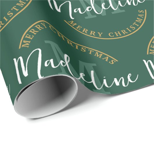 Kerst Gepersonaliseerde Monogram Naam Custom Groen Cadeaupapier (Rol Hoek)