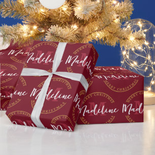 Kerst Gepersonaliseerde Monogram Naam Custom Rood Cadeaupapier