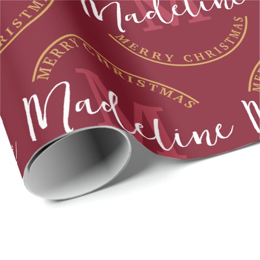 Kerst Gepersonaliseerde Monogram Naam Custom Rood Cadeaupapier (Rol Hoek)