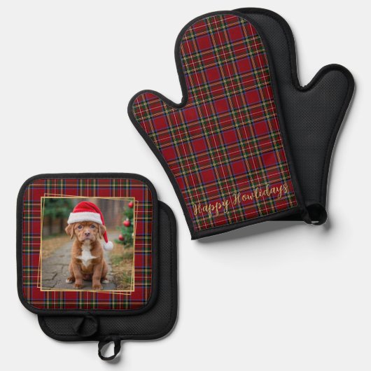 Kerst Gepersonaliseerde Pet Dog Foto Vakantie Plai Ovenwant & Pannenlap Set (Voorkant / Achterkant)