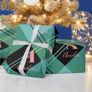 Kerst Gepersonaliseerde Plaid Green Cadeaupapier