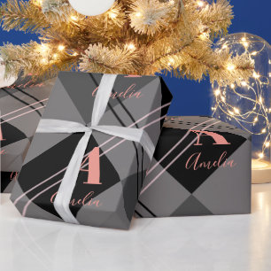 Kerst Gepersonaliseerde Plaid Grijs Zwart Roze Cadeaupapier