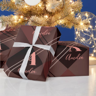 Kerst Gepersonaliseerde Plaid Maroon Roze Cadeaupapier