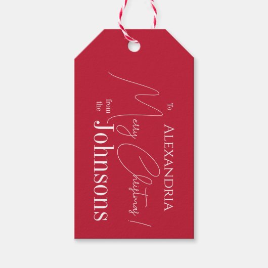 Kerst gepersonaliseerde rode familienaam cadeaulabel (Voorkant)
