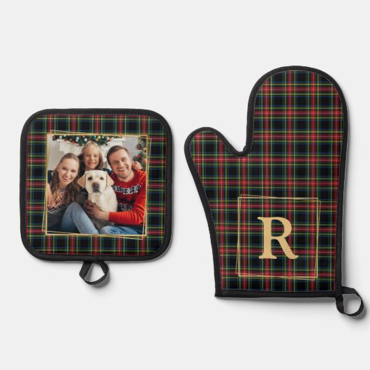 Kerst Geplaatst Custom Monogram Goud Foto Familie Ovenwant & Pannenlap Set (Voorkant)