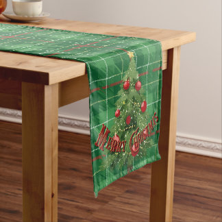 Kerst Geplakt Groen met Rood, Goud, Wit Lange Tafelloper