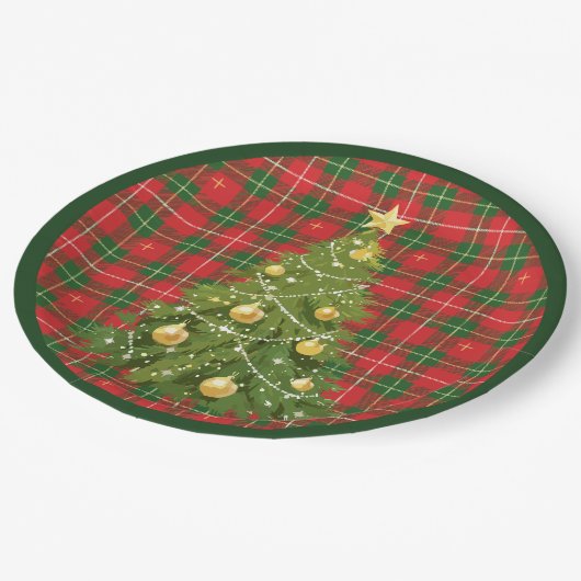 Kerst geplakt rood, groen met gouden kruisen papieren bordje (Gekanteld)