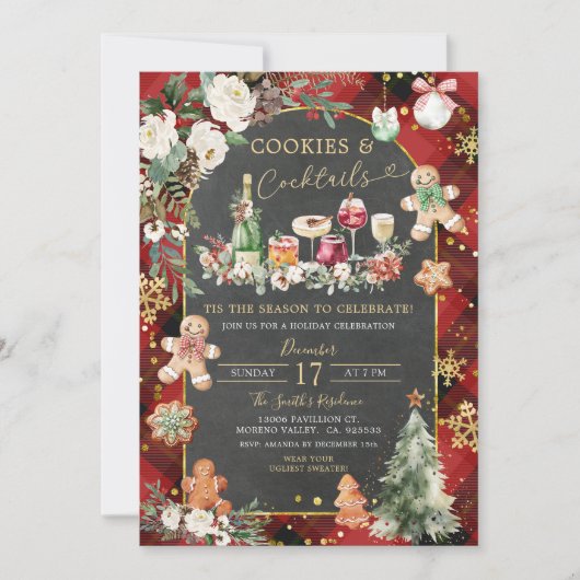 Kerst geplakt rood zwarte koekjes cocktails partij kaart (Voorkant)