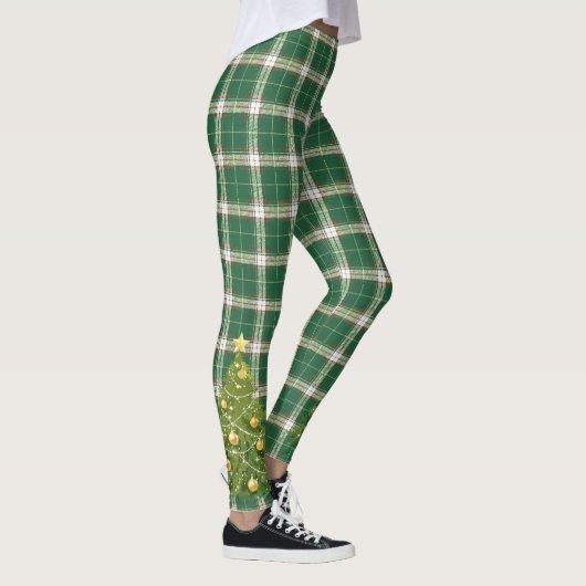 Kerst Geplakt Wit, Groen met Boom Leggings (Rechts)
