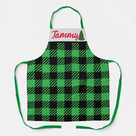 Kerst geruite Schorten, aangepaste naam Groen Zwar Schort (Voorkant)