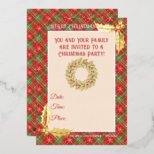 Kerst gespeeld in rode, groene en gouden sterren folie uitnodiging (Voorkant / Achterkant)