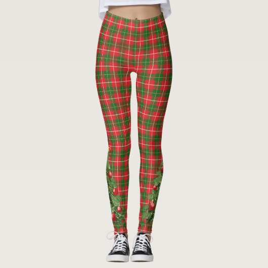 Kerst Gespeeld Rood, Groen, Wit met Boom Leggings (Voorkant)