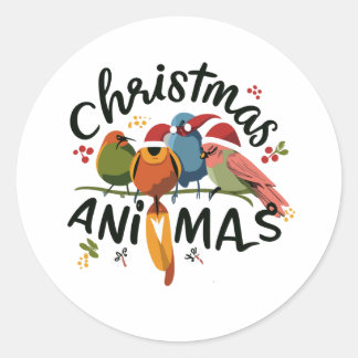 Kerst gevederde vrienden afscheid op een takje ronde sticker